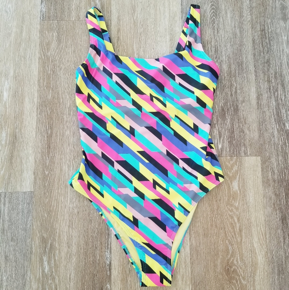 Relleciga One Piece Swimsuit Color Block Geometric Neon Stripe Bodysuit NWT - Picture 6 of 14